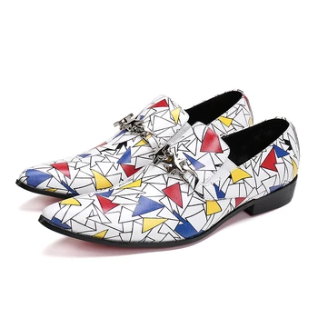 Brand Designer Men's Colorful Triangle Print Loafers Fashion Star Chain Buckle Slip on Dress Shoes Men Wedding and Party Flats