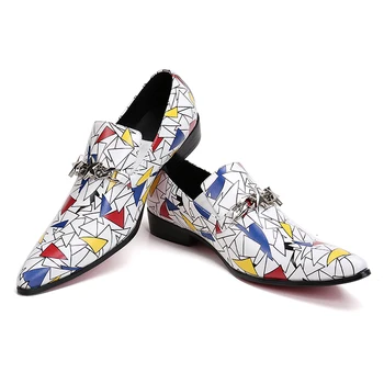 Brand Designer Men's Colorful Triangle Print Loafers Fashion Star Chain Buckle Slip on Dress Shoes Men Wedding and Party Flats
