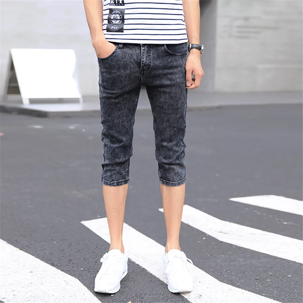 Men's Slim Fitted Jeans Casual High Waist Straight Calf Length Jeans Skinny Denim Shorts for Men Color Black 903 Size 27-36