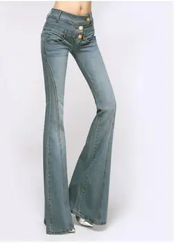 2016 spring and summer European high in the waist slim hip plus size horn female boot cut jeans vintage blue skinny flare pants