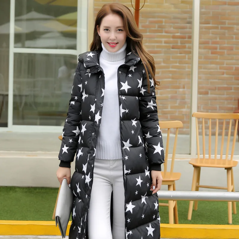 2016 Women Star Pattern Printed Winter Coat Wadded Jacket X-long Hooded Plus Size 3xl Parka Thickening Abrigos Female Snow Wear