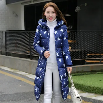 2016 Women Star Pattern Printed Winter Coat Wadded Jacket X-long Hooded Plus Size 3xl Parka Thickening Abrigos Female Snow Wear