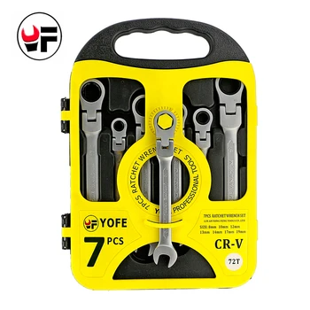 YOFE ratchet handle wrench 7PCS/set Carbon Steel wrenchActivity head can free rotation handle tool Plastic frame spanner set
