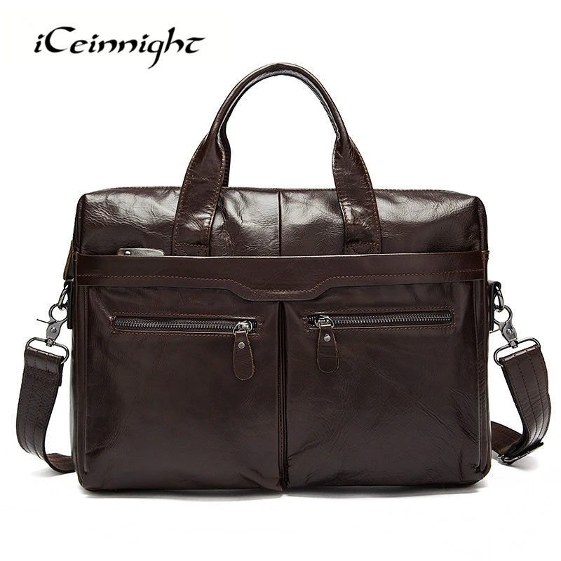 ICeinnight Business Real Genuine Leather Briefcase Men's Bag Casual Vintage Crossbody Messenger Laptop Hand Bag Men Travel Bags