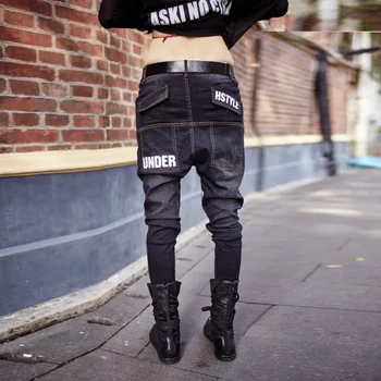 Fashion spring and autumn 2016 women's skinny pants jeans feminino cool black trousers zipper letter print denim harem pants
