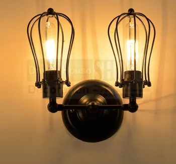 Double heads iron small round cage vintage black finished wall lamp edison lamp fixture