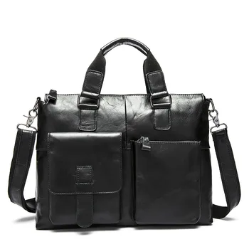 Men's Casual Handbag Genuine Leather Guaranteed Briefcase Fashion Student Satchel Double Pocket IPad Bag