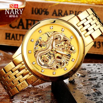 Anniversary Edition NARY Gold Watches Men 3D China Dragon Mechanical Skeleton Rhinestones watch men Wrist Watch Waterproof 50m