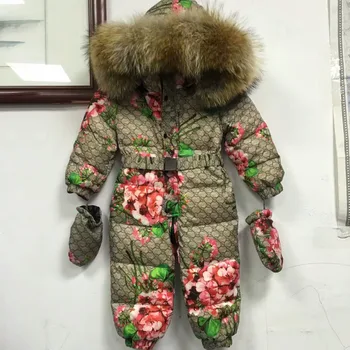 2016 Winter baby down coat Baby clothes print outerwear Fur Hooded children's Snowsuit down coats Newborn Child jumpsuit romper