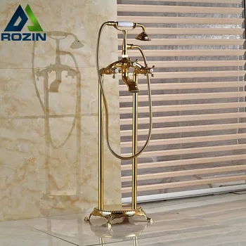 Golden Finish Floor Mount Telephone Style Bathtub Mixer Faucet Freestanding Clawfoot Tub Fiiler w/ Handshower