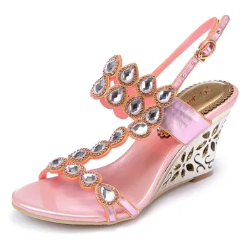 Pink Rhinestone High Heel Sandals wedges Summer 2017 Sexy Leather Diamond Fashion Slippers Female Rome Slides Shoes Women