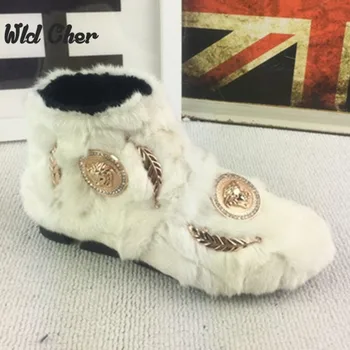 White Women ladies Winter keep warm new Ankle mink fur genuine natural leather cashmere cotton low snow boots flats Rabbit fur