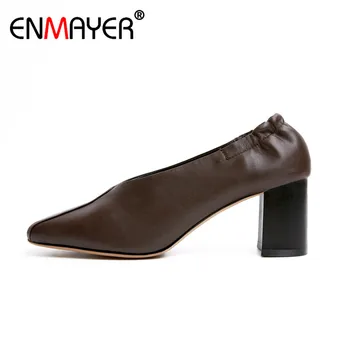 ENMAYER Square Toe Chunky High Heels Slip-On Platform Big Size Brown Shoes Women Hot Fashion Summer Women Pumps for Party Casual