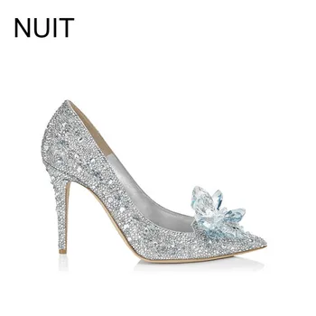 2017 women high heels wedding white shoes sexy lady crystal platforms silver Glitter diamonds bridal shoes thin heel party pump