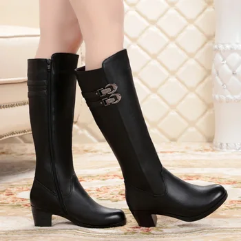 Women warm in Autumn Winter Genuine Leather High Boots Fashion ladies Thick heels Woman Round toe Shoes Womens Black Boots