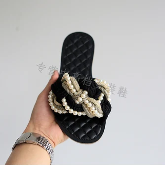 Women Shoes Slippers Pearl Pantufa Summer Shoes Out Door Slippers Black Diamond Sold Mules Sandals Women Flats Vacation Shoes