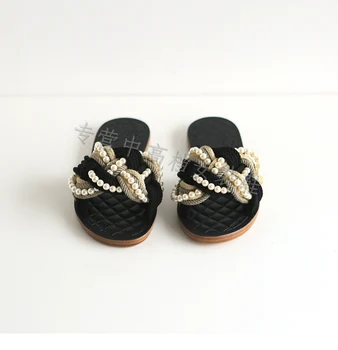 Women Shoes Slippers Pearl Pantufa Summer Shoes Out Door Slippers Black Diamond Sold Mules Sandals Women Flats Vacation Shoes
