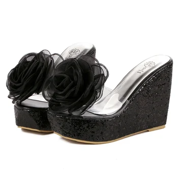 2017 Summer Sexy Girl Black Roses Plain PU Trifle Wedge Platform High Heels Women Sandals Peep Toe Woman Casual Slipper Shoes