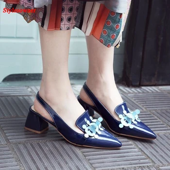 Stylesowner Summer Latest Gladiator Roman Style Sandal Shoes For Women Med Chunky Heel Flower Pointy Toe Slingback Sandal