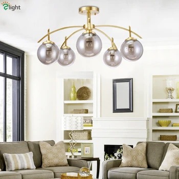 Modern Certified H65 Copper Led Chandelier Light AC85-265V Nordic Painted Metal Gray Glass Shades Chandelier For Foyer Bedroom