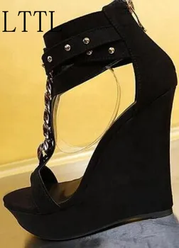 British Designer Fashion Black Suede Leather Gold T-Strap Chain Decoration Women Sexy Shoes Popular Wedge High Platform Sandals