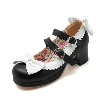 Ladies Cute Thick Heel Pumps Round Toe Mary Jane Shoes With Bow Lolita Princess Shoes Large Size Black Beige Pink