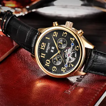 BINSSAW Leather Military Mechanical Wristwatches for Men Sport Watch Men Business Men's Watch Montre Homme Hand Male Clock Men