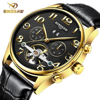 BINSSAW Leather Military Mechanical Wristwatches for Men Sport Watch Men Business Men's Watch Montre Homme Hand Male Clock Men