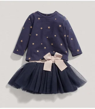 2PCS Bow Long Sleeve Sweaters Top + Tutu Tulle Dress Skirt Clothes Outfits Set