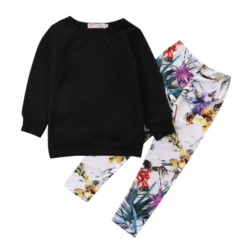 2pcs!!Toddler Kids Baby Girls Black Long Sleeve T-shirt Tops+Pants Leggings Floral Autumn Spring Outfits Clothes 2PCS Set
