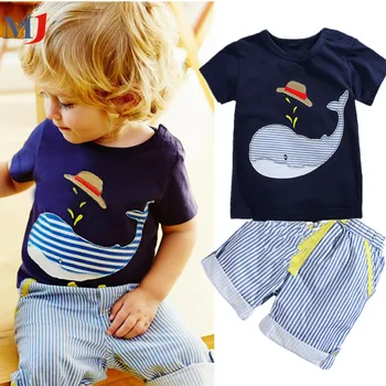 2017 Sale New Children's Clothing Boys Summer Whale T-shirt and Striped Shorts Sports Suit Brand Children Boy Baby Kids Outfits