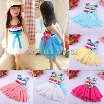 Summer New Children's Clothing Cotton Dress Girls Pleated Cotton Dresses Rainbow Girls Dress princess dress