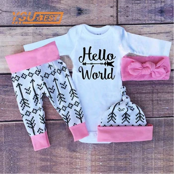 Baby Boy&Girl Clothes Sets Christmas Gift 2016 Autumn Baby Clothing long sleeve Hello Romper+pink pants+ hat+headband 4pcs Suit