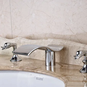 Unique Design Brass Waterfall Bathroom Mixers Double Handle Chrome Basin Sink Faucet Deck Mounted
