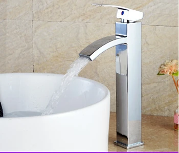 Fashion barss chrome brass single lever square Hot and Cold bathroom sink waterfall faucet basin tap