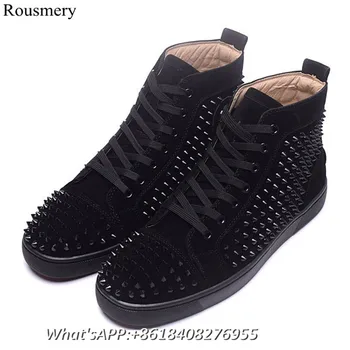 Men Rivet High Top Shoes Red Bottom Lace Up Casual Shoes Round Toe Low Heels Flats Platform Solid Shoes Men Large