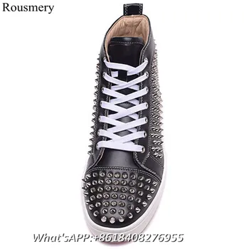 Men Rivet High Top Shoes Red Bottom Lace Up Casual Shoes Round Toe Low Heels Flats Platform Solid Shoes Men Large