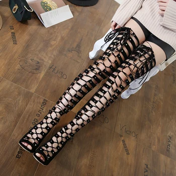 2017 Spring Sexy Girl Gladiator Black PU Faux Suede Zip Cross Lace Up Peep Toe Thigh High Boots Women High Heels Shoes Sandals