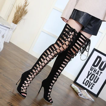 2017 Spring Sexy Girl Gladiator Black PU Faux Suede Zip Cross Lace Up Peep Toe Thigh High Boots Women High Heels Shoes Sandals