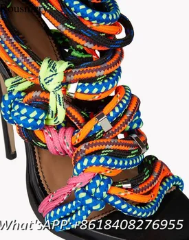 LTTL Summer Boots Colorful Braided Rope Sandals Lace Up Women Shoes Summer High Heels Woman Sandals Peep Toe Black Women Sandals