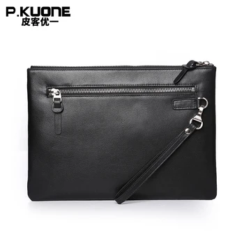 P.KUONE Brand Luxury Owl Design Genuine Leather Men Clutch Bags Cow Leather Wallet Men Hand Bag Long Purse Black Phone Ipad Bag