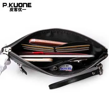 P.KUONE Brand Luxury Owl Design Genuine Leather Men Clutch Bags Cow Leather Wallet Men Hand Bag Long Purse Black Phone Ipad Bag
