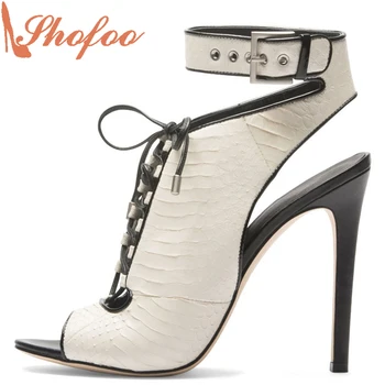 Shofoo Women White Fashion Genuine Leather Peep Toe Stiletto Sandals High Heels Shoes Woman Wedding&Party&Dress,Plus Size 4-16.
