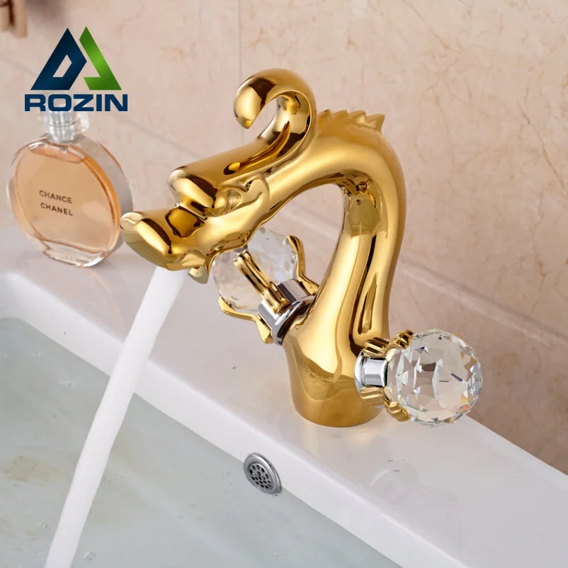Dragon Shape Dual Cristal Handles Basin Faucet Deck Mount Brass Bathroom Vanity Sink Mixer Taps