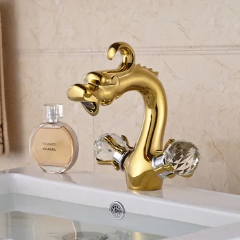 Dragon Shape Dual Cristal Handles Basin Faucet Deck Mount Brass Bathroom Vanity Sink Mixer Taps