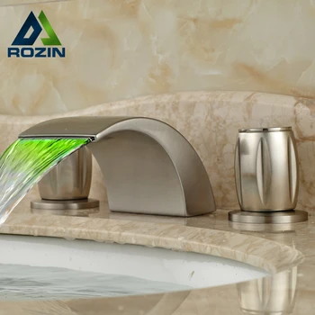 Luxury Deck Mount Widespread Basin Faucet Two Handle Waterfall Spout LED Light Mixer Taps Brushed Nickel Finish