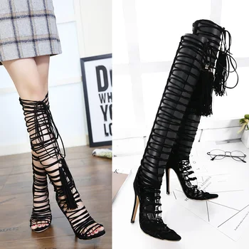 2017 Spring Sexy Girl Milan Black Tassels PU Leather Cord Lace Up Peep Toe Thigh High Boots Women High Heels Shoes Sandals