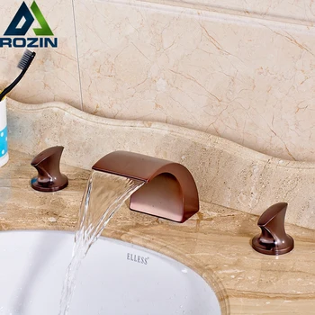 2016 Newly Oil Rubbed Bronze Brass Basin Sink Mixer Taps Bathroom Faucet Waterfall Spout Water Tap Dual Handles