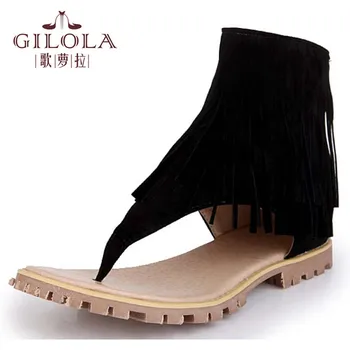 Size 34-43 new 2016 tassel flat women sandals black nude women's spring summer women shoes woman fashion #Y0573211F