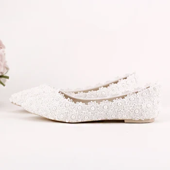 Women Flat Pearl Lace Flower Bridal Shoes shallow mouth Pointed Toe Wedding Shoes Bridesmaid Shoes Spring and Summer size 41-53